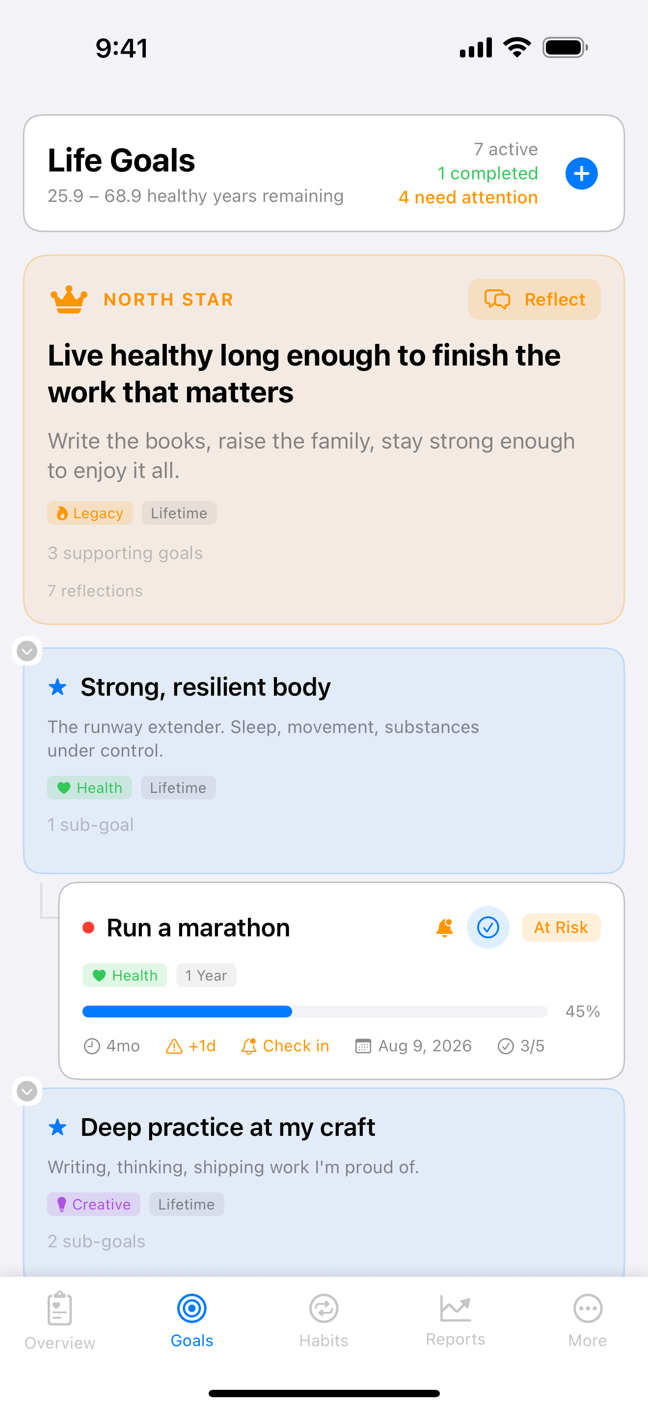 MortalLoom Goals - North Star, life pillars, and concrete dated goals