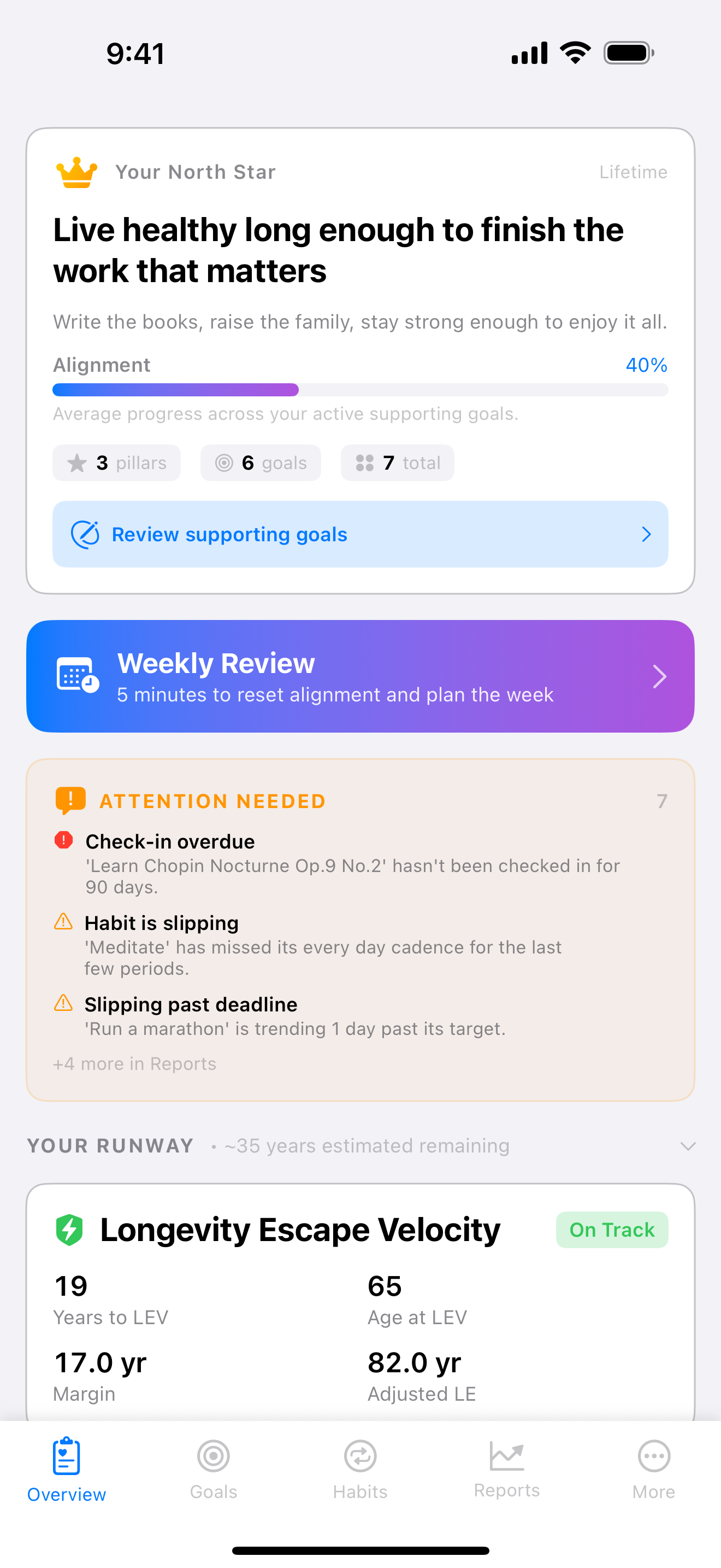 MortalLoom Overview - North Star, Alignment Score, runway, and Longevity Escape Velocity